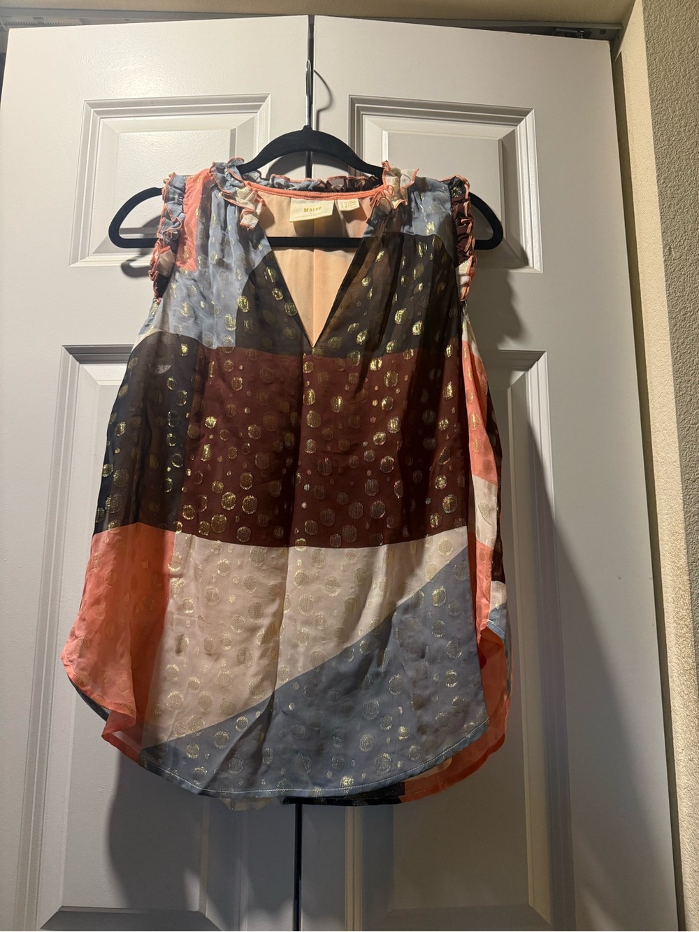 Maeve Anthropologie Fantasia Metallic Clip Dot Blouse Navy Patchwork 6